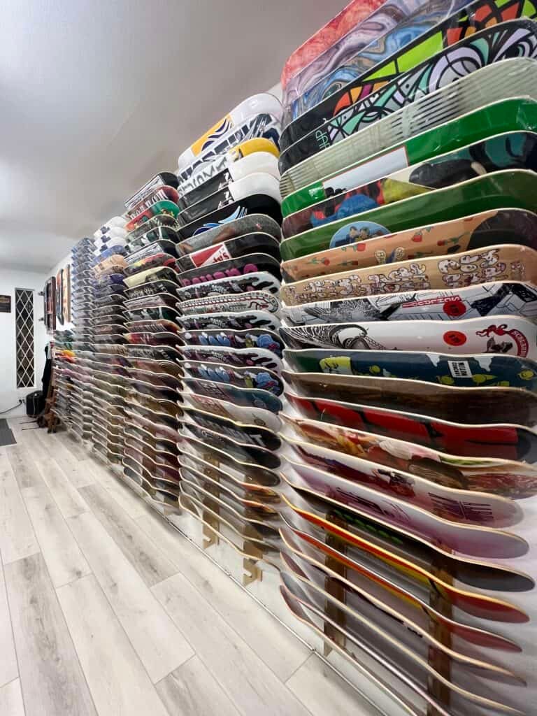 Wall of skateboards